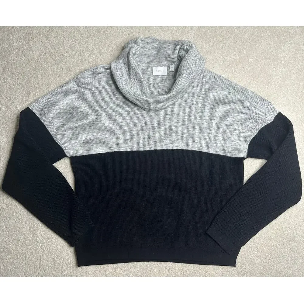 CYRUS: Two-Tone Cowl Neck Sweater Gray and Black